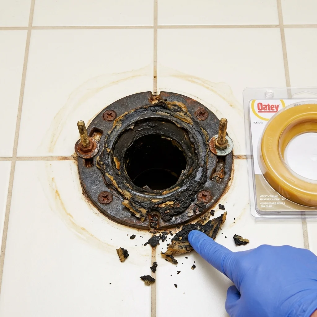 Failed wax ring showing water seepage at the base of a toilet in a Milan, TN home