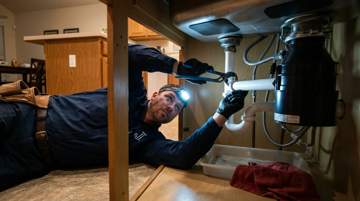 P-trap and supply line connections under a kitchen sink showing a common leak point in Milan, TN